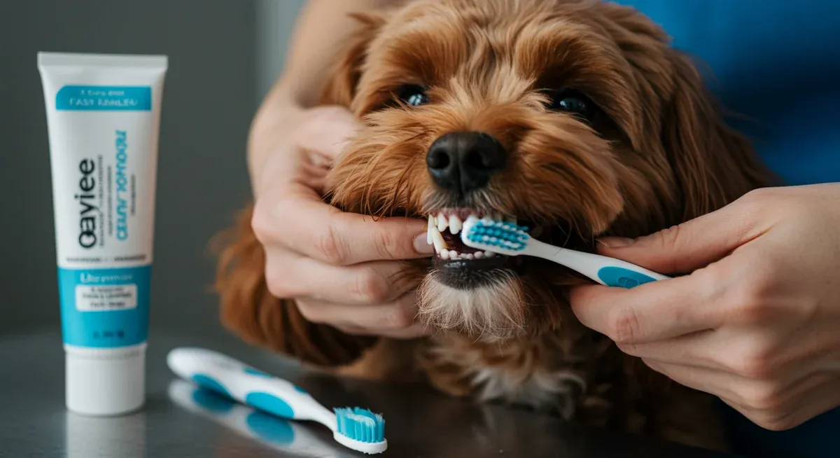 Close-up view of a Moodle's mouth showing crowded teeth typical of small breeds, with dental care products nearby demonstrating daily oral hygiene routine