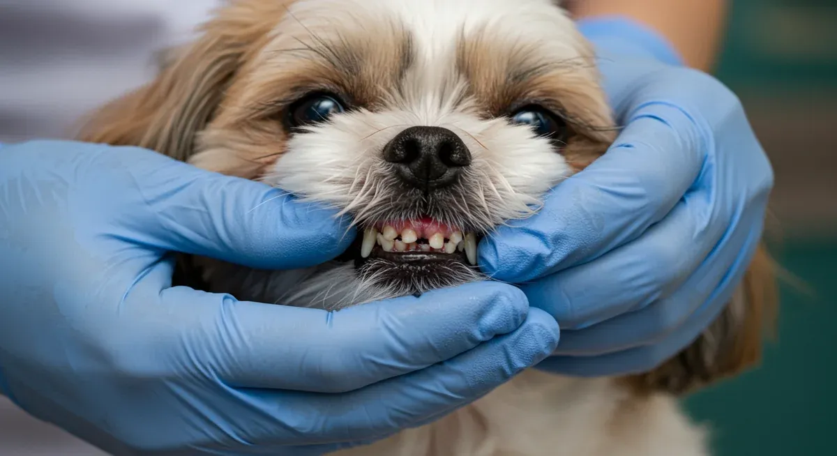 Close-up of a Shih Tzu's mouth showing dental problems including tartar buildup and gum inflammation that can cause eating difficulties
