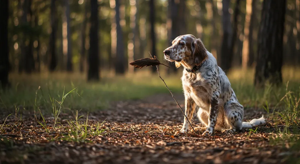 Young English Setter puppy demonstrating early pointing behavior with raised paw and focused stance, illustrating the natural abilities that emerge during training