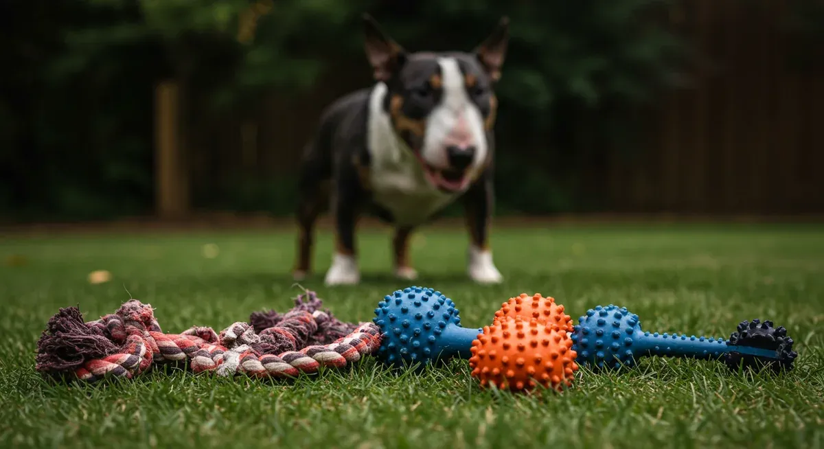 Comparison of destroyed cheap toys versus durable toys, showing the need for heavy-duty materials for Bull Terriers