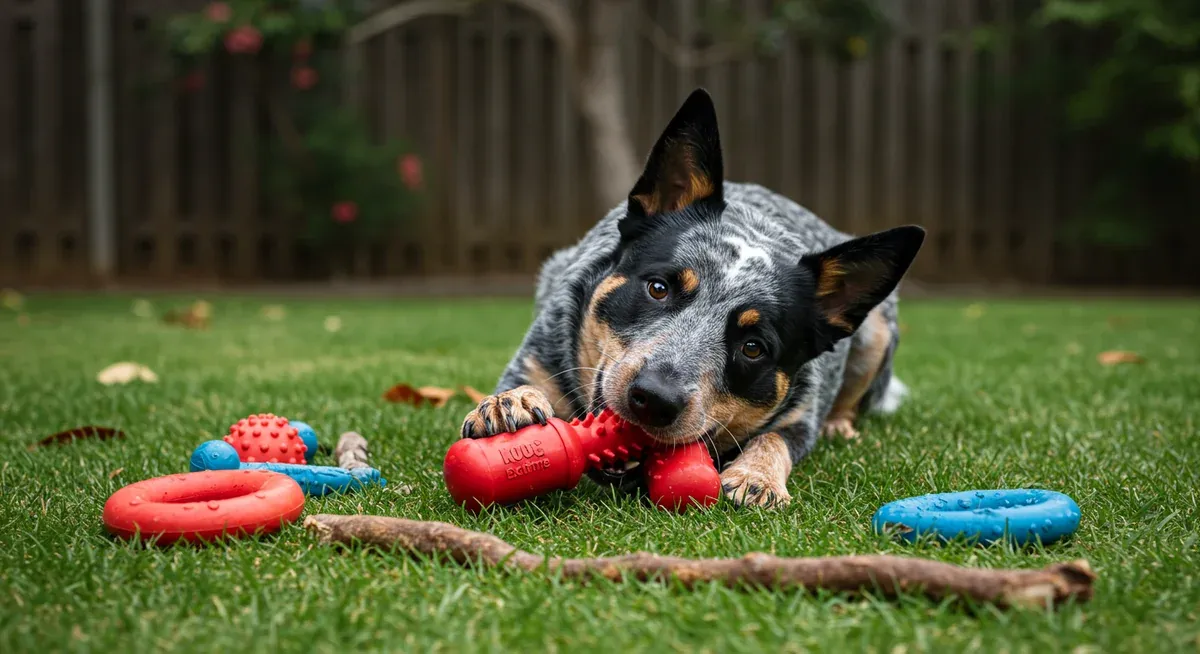 Blue Heeler dog chewing on a red Kong Extreme toy in an Australian backyard, demonstrating the need for durable chew toys that can withstand their powerful jaws