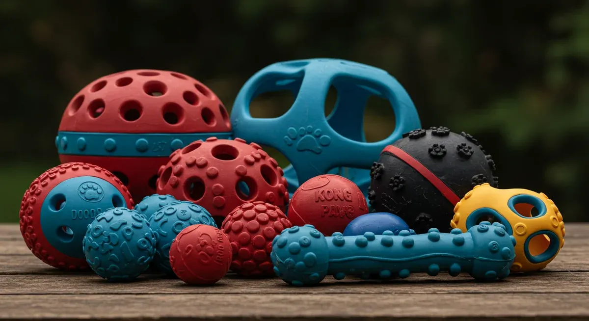 Collection of durable rubber dog toys including Kong and puzzle toys designed to withstand powerful chewing from strong breeds like Dobermans
