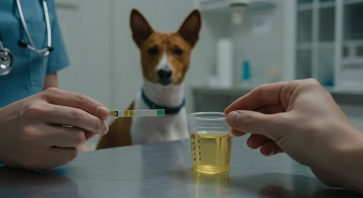 Veterinarian performing urine glucose testing with dipstick, demonstrating the early detection methods for Fanconi Syndrome in Basenji dogs