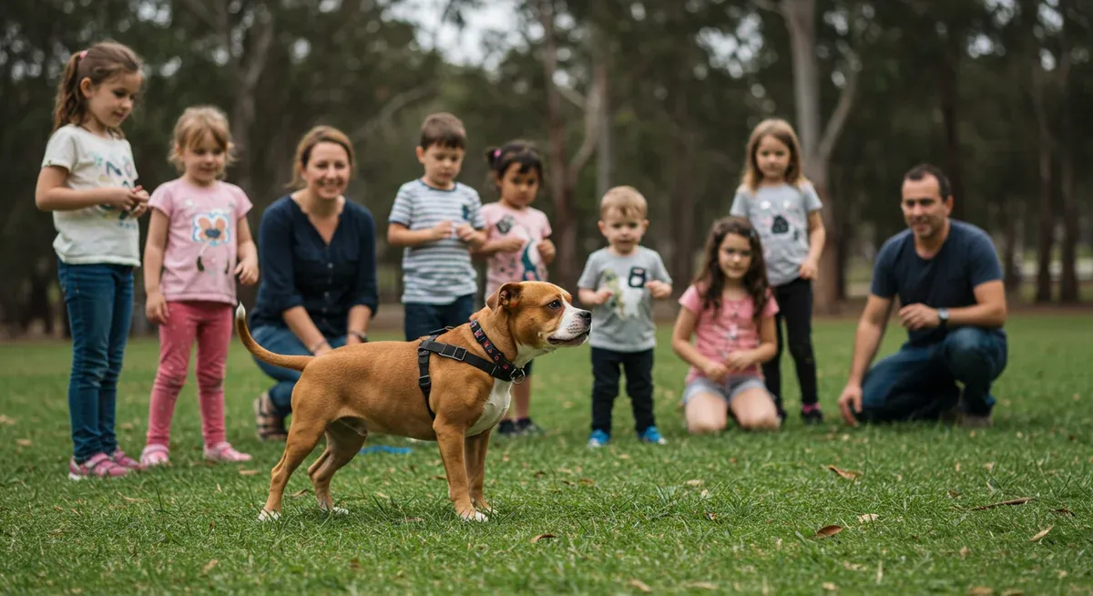 American Bulldog puppy undergoing proper socialisation with people of different ages in a controlled environment, demonstrating early intervention techniques