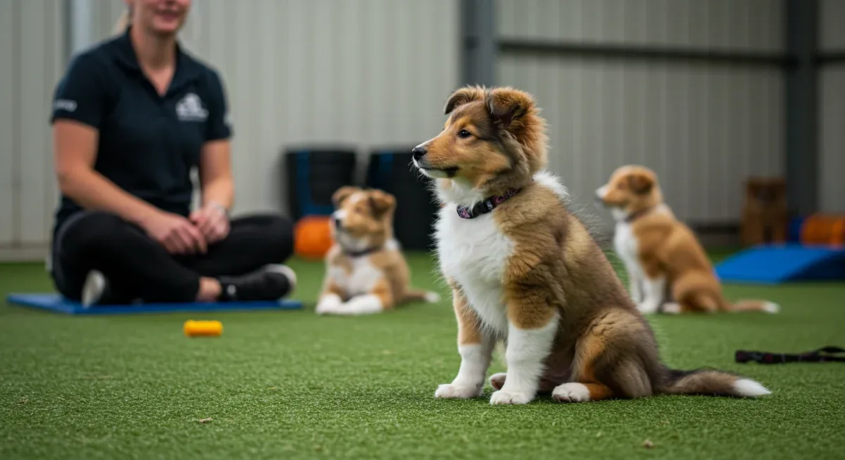 Young Shetland Sheepdog puppy in a training class setting, demonstrating the early socialisation and foundation training discussed in the article