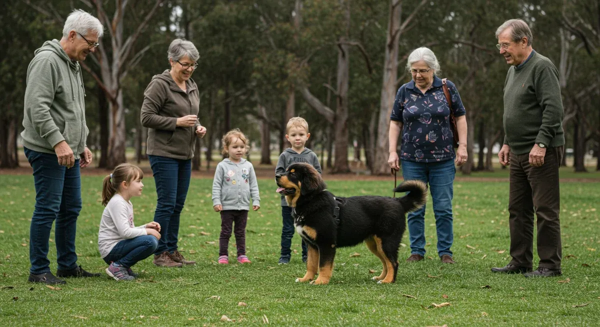 A Tibetan Mastiff puppy meeting various people in a park setting, demonstrating the critical early socialization period mentioned in the article for preventing future aggression issues