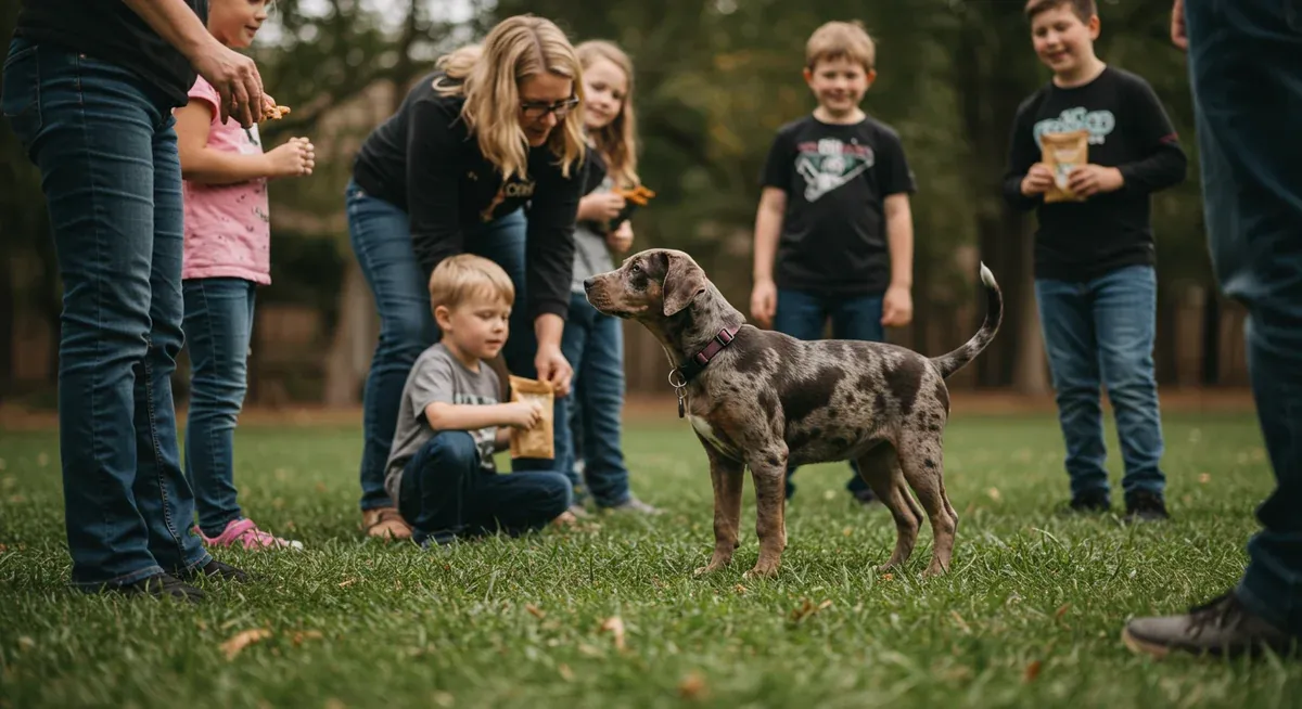 Catahoula puppy being socialized with different people in a positive training environment, demonstrating proper early socialization techniques