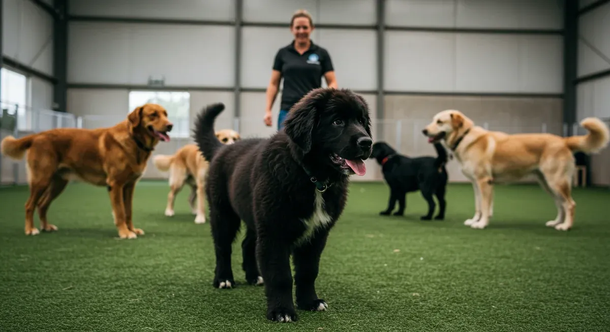 A Newfoundland puppy participating in a puppy socialisation class with other dogs and a trainer, showing the important early social learning process