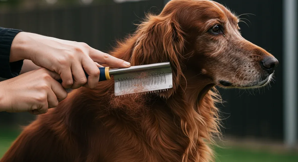 Proper brushing technique being demonstrated on an Irish Setter's coat, showing how regular grooming removes loose fur and maintains coat health