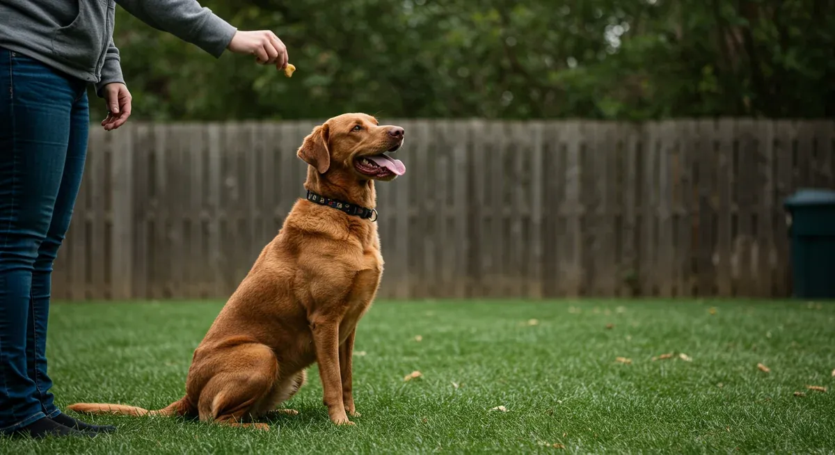 A Chesapeake Bay Retriever engaged in positive reinforcement training with their owner, showing effective training techniques for stubborn behavior