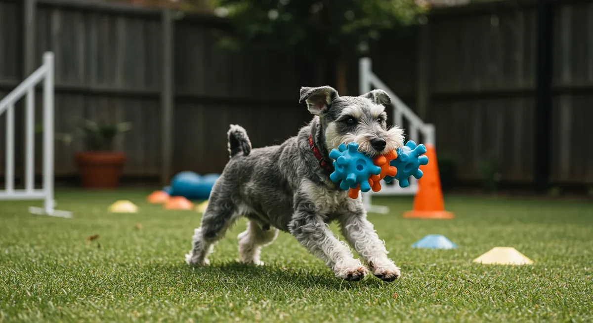 Mini Schnauzer actively playing with a puzzle toy in a backyard, demonstrating the high energy levels and exercise needs described in the article