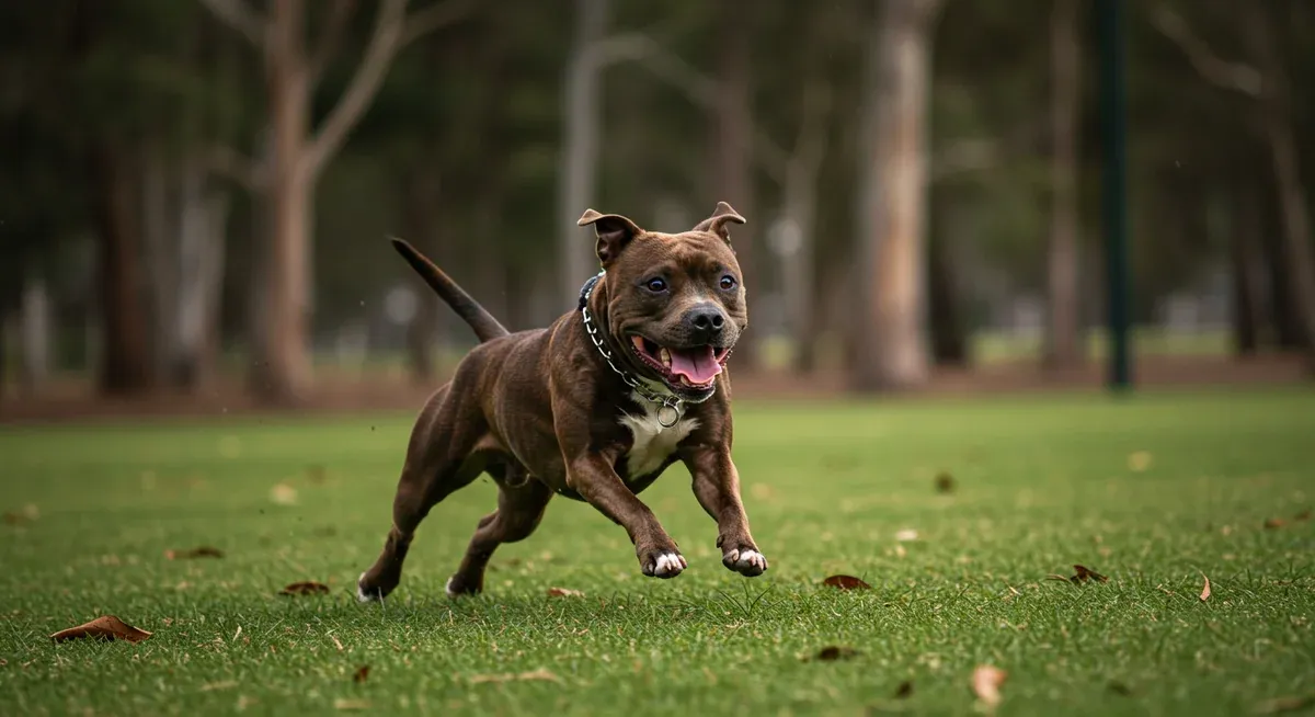 A Staffordshire Bull Terrier running at full speed in a park, demonstrating the breed's high energy levels and need for vigorous daily exercise