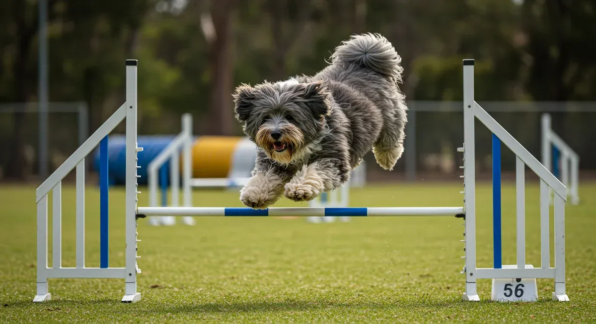 A Tibetan Terrier jumping over an agility obstacle, demonstrating the breed's high energy levels and need for both physical exercise and mental stimulation