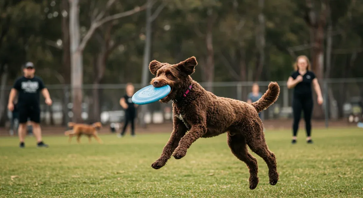 An athletic Labradoodle jumping to catch a frisbee at a dog park, illustrating the breed's high energy levels and need for vigorous daily exercise