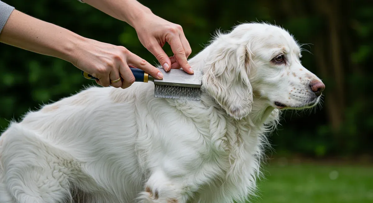 Hands demonstrating proper brushing technique on a Clumber Spaniel's feathered coat with a slicker brush, showing the correct direction and method