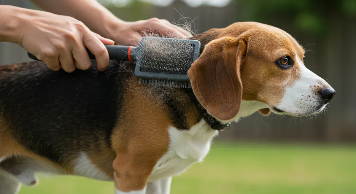 Proper brushing technique being demonstrated on a Beagle, showing the correct direction and gentle strokes needed for effective grooming