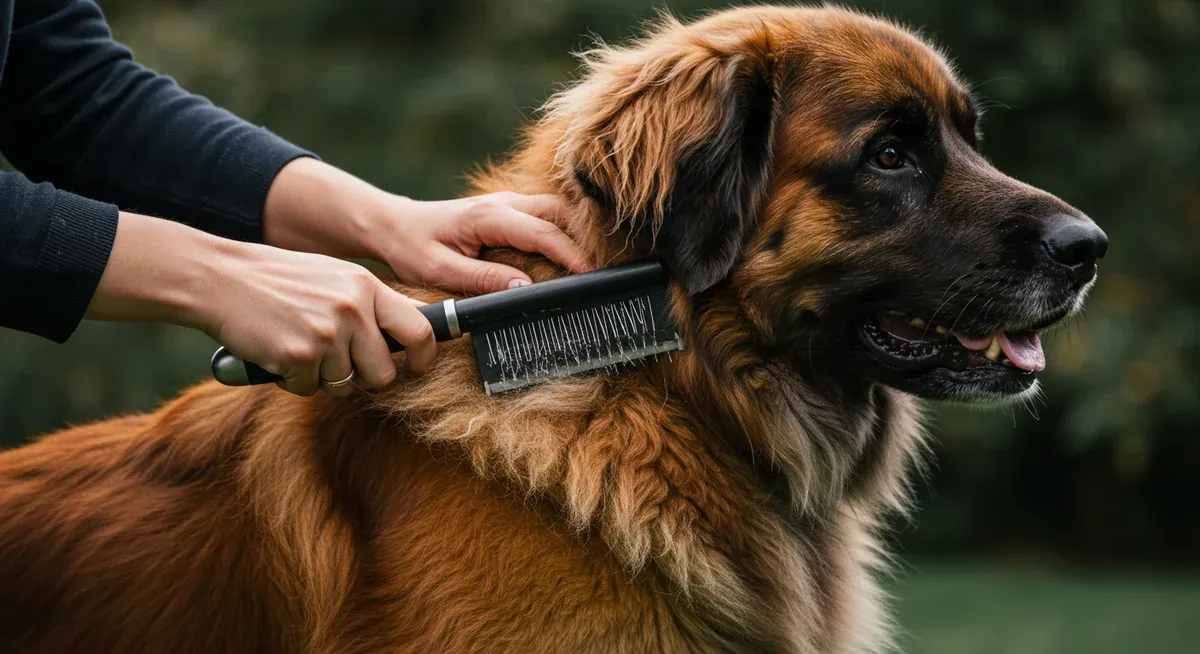 Hands demonstrating proper brushing technique on a Leonberger's coat using a slicker brush, showing how to reach the undercoat effectively