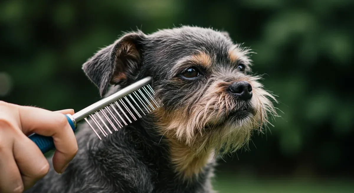 Close-up view of an Affenpinscher's wiry coat being combed with a metal rake comb, showing the proper brushing technique for maintaining the breed's distinctive harsh-textured fur