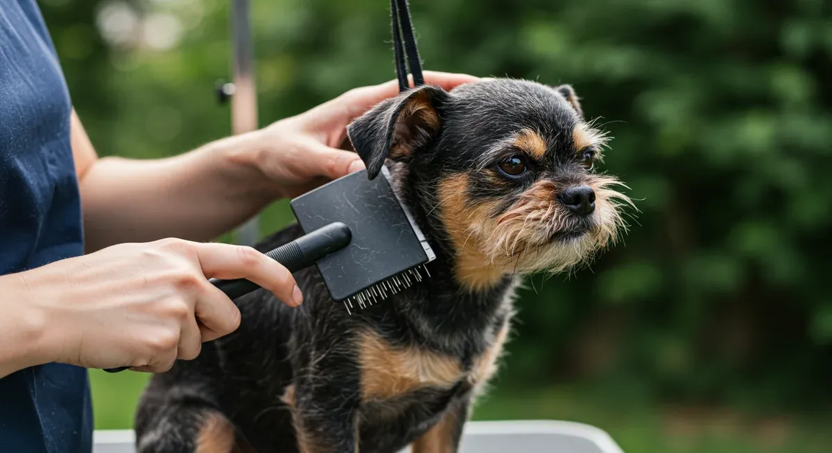Professional groomer brushing an Affenpinscher's wiry coat with a slicker brush, demonstrating proper technique for maintaining the breed's distinctive texture