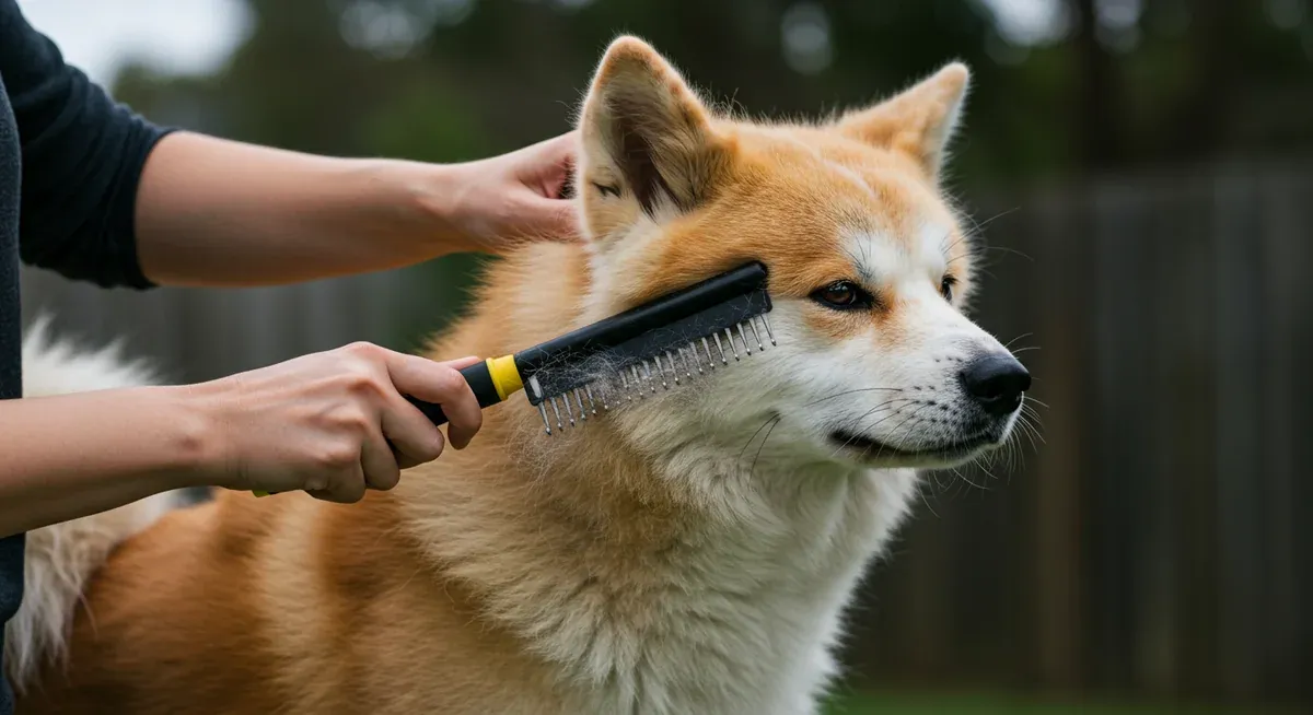 Professional groomer using an undercoat rake on an Akita's dense coat, demonstrating proper brushing technique with visible loose fur being removed