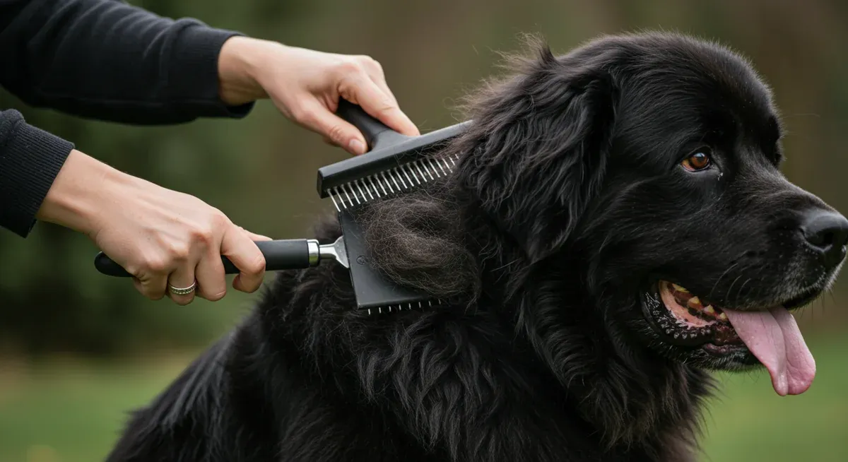 Demonstration of proper brushing technique on a Newfoundland using slicker brush and undercoat rake, showing the grooming tools and loose fur being removed