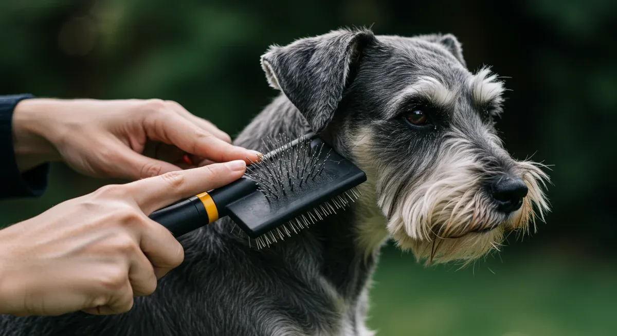 Close-up of proper brushing technique being demonstrated on a Schnauzer's coat with a slicker brush, showing how to work through the wiry topcoat