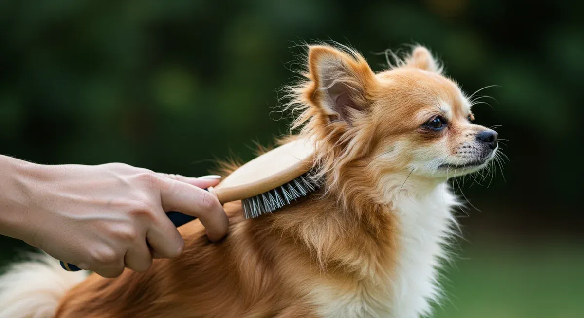 Close-up of someone gently brushing a long-haired Chihuahua's coat with a soft brush, demonstrating proper brushing technique