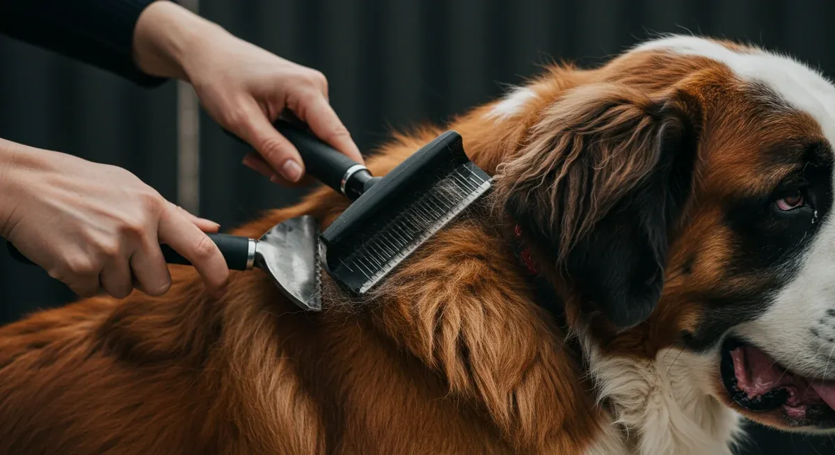 Professional grooming demonstration showing proper brushing technique on a Saint Bernard's coat with grooming tools removing loose fur