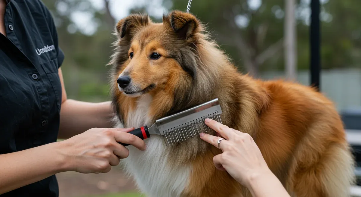 Demonstration of proper line brushing technique on a Shetland Sheepdog, showing the systematic sectioning and brushing method that reaches the undercoat