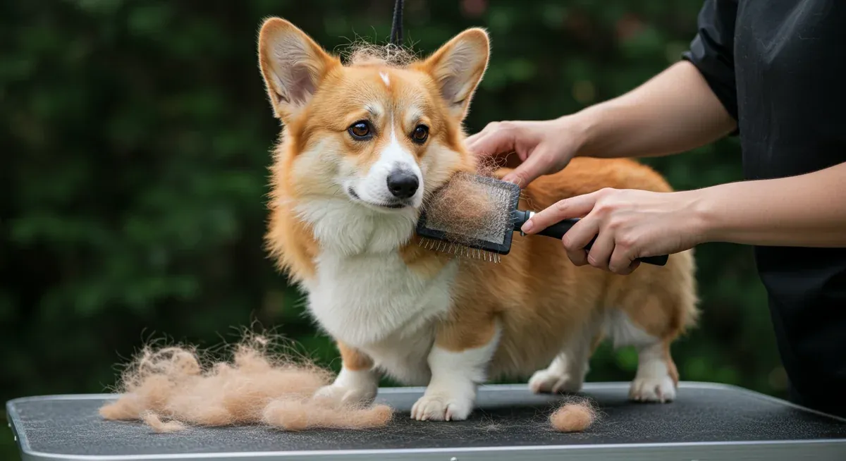 A Pembroke Welsh Corgi being brushed with a de-shedding tool, showing loose fur being removed and demonstrating proper grooming technique