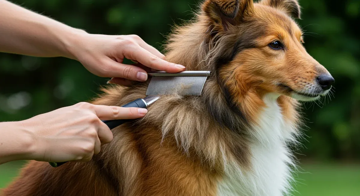 Close-up demonstration of line brushing technique on a Shetland Sheepdog's coat, showing proper sectioning and brushing method