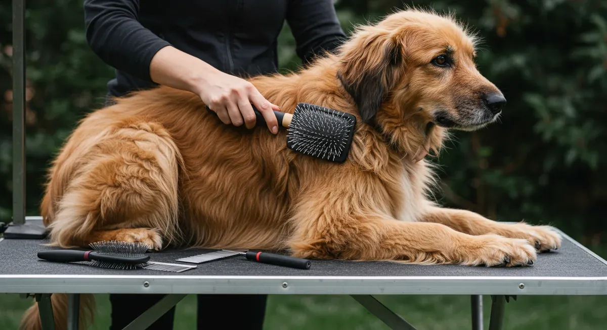 A Briard dog lying calmly on its side being brushed with a pin brush, demonstrating proper grooming technique and positioning for effective coat care