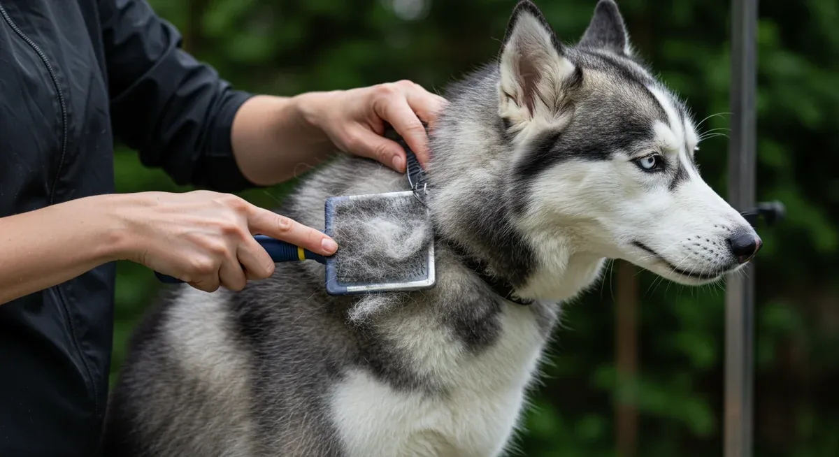 Demonstration of proper brushing technique on a Siberian Husky using specialized grooming tools including slicker brush and undercoat rake