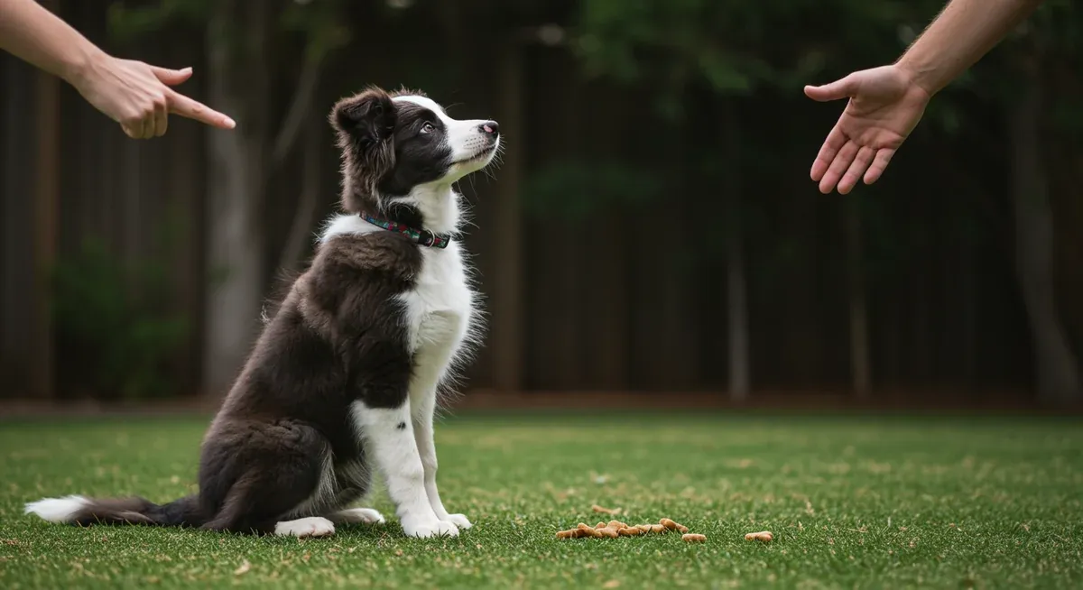 Border Collie puppy successfully performing the 'sit' command during training, showing proper obedience foundation techniques