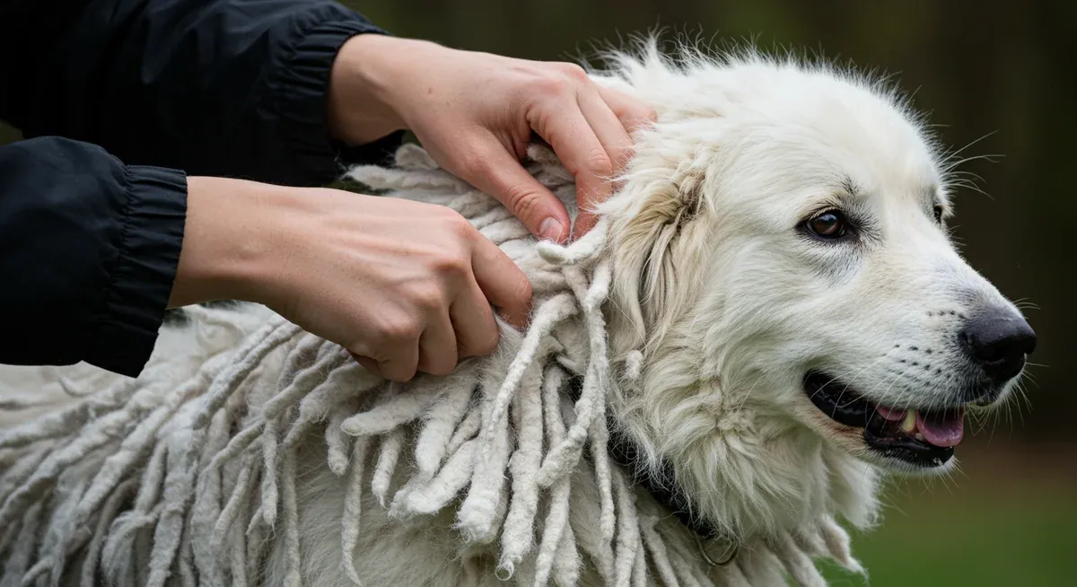Close-up of hands performing cord separation technique on Komondor's white corded coat, showing the manual grooming process essential for maintaining the breed's distinctive coat structure