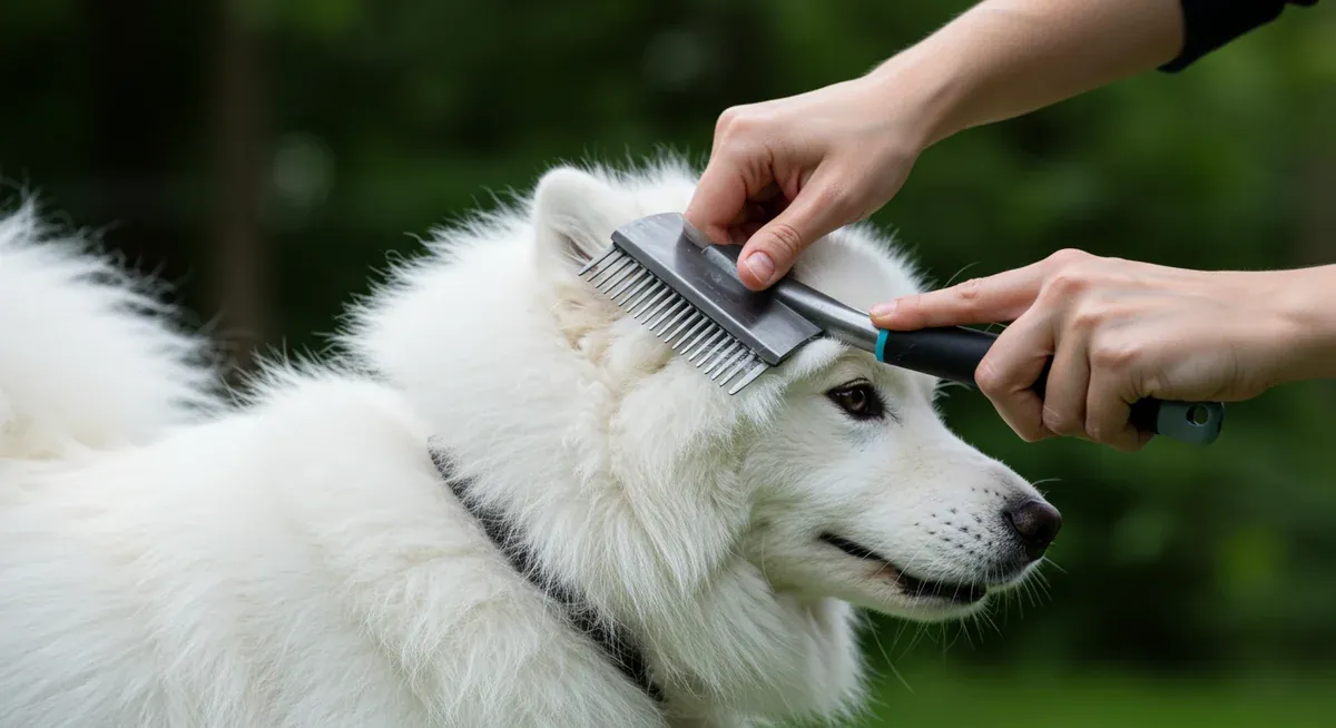 Close-up of proper brushing technique being demonstrated on a Samoyed's coat using a slicker brush, showing the line combing method