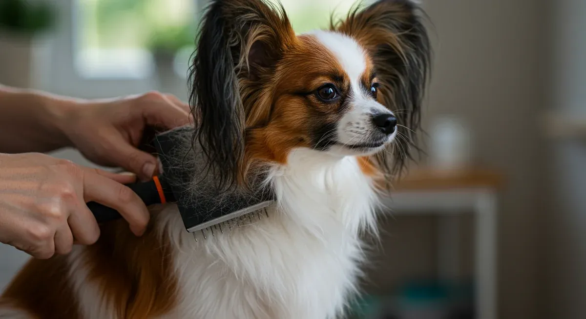 A Papillon being brushed with a slicker brush, showing the grooming process that removes loose hair during shedding season