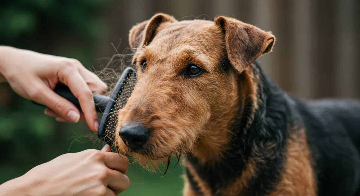 Airedale Terrier being brushed with slicker brush showing proper grooming technique for managing shedding
