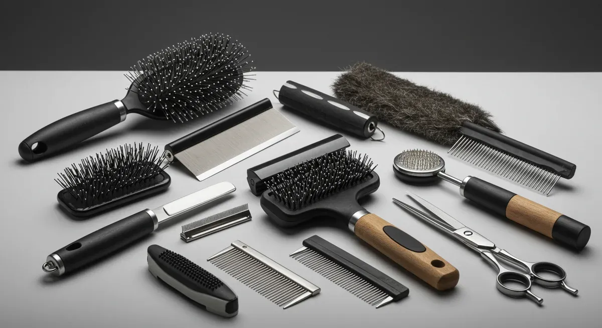 Complete set of specialized grooming tools for Irish Wolfhounds including brushes, stripping knives, and cleaning supplies arranged for identification