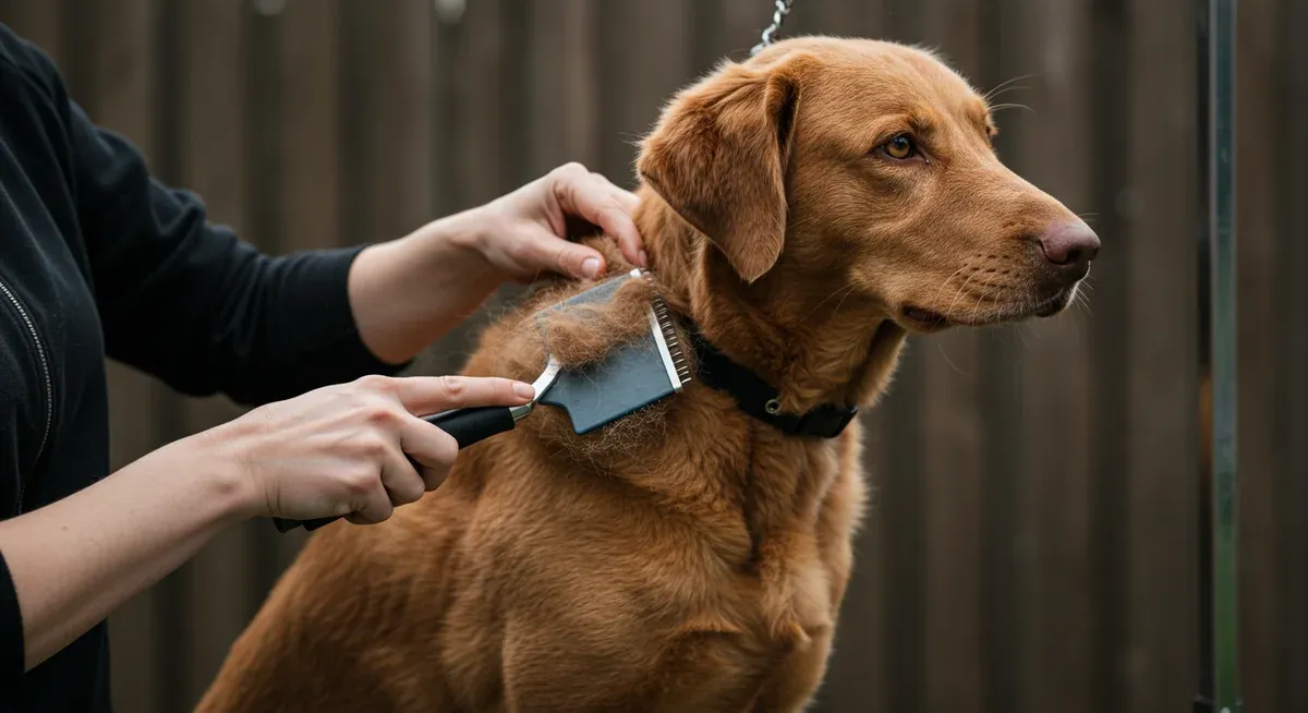 Professional grooming of a Chesapeake Bay Retriever showing proper brushing technique with slicker brush and undercoat rake removing loose fur
