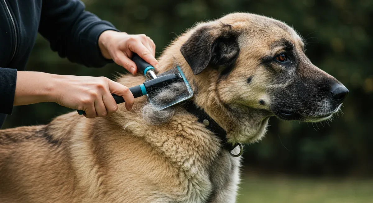 Anatolian Shepherd being groomed with specialized brushes and undercoat rake, demonstrating proper grooming techniques for managing the breed's thick double coat