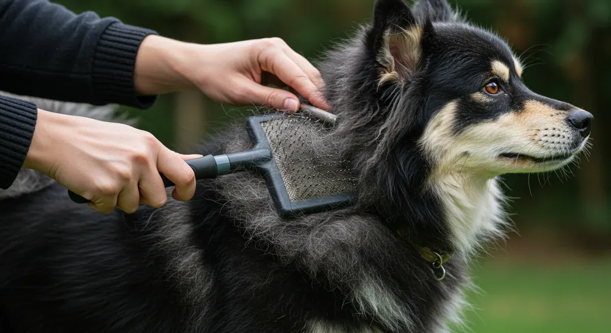Demonstration of proper grooming technique using specialized tools on a Finnish Lapphund's double coat, showing effective shedding management methods