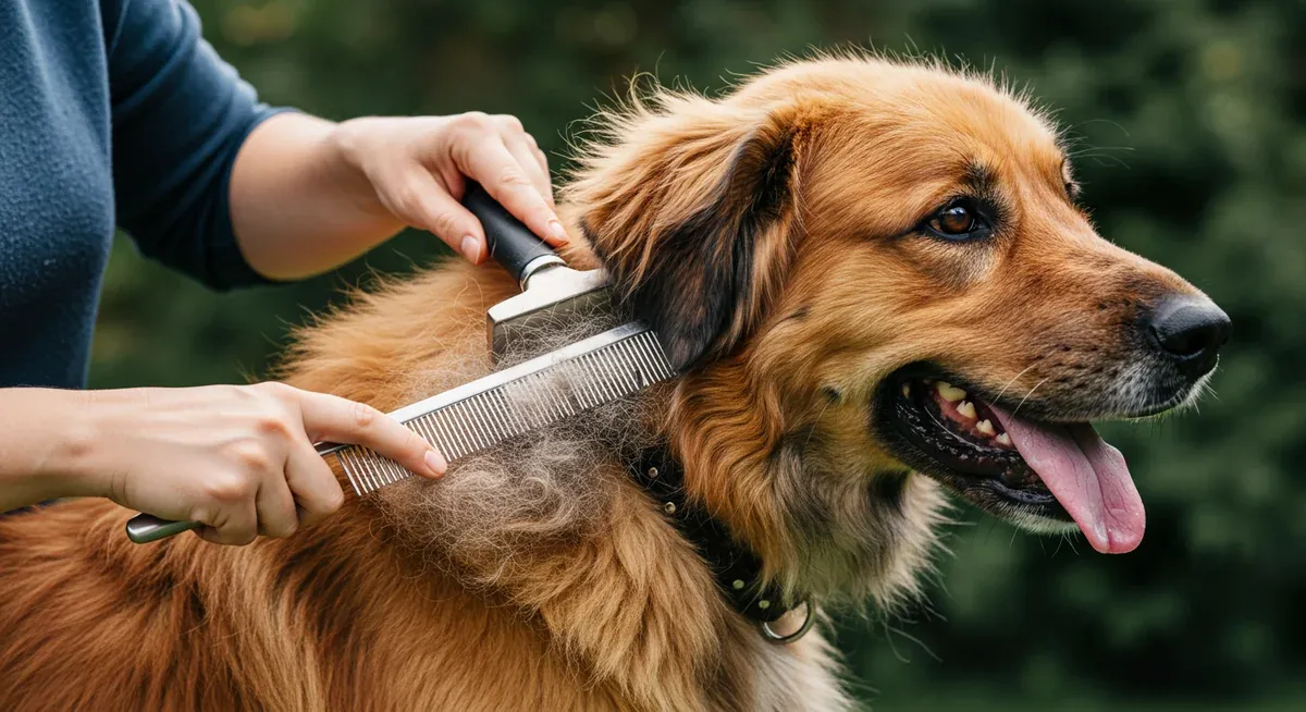 A Briard dog being brushed with professional grooming tools, showing the slicker brush removing loose undercoat hair as described in the grooming techniques section