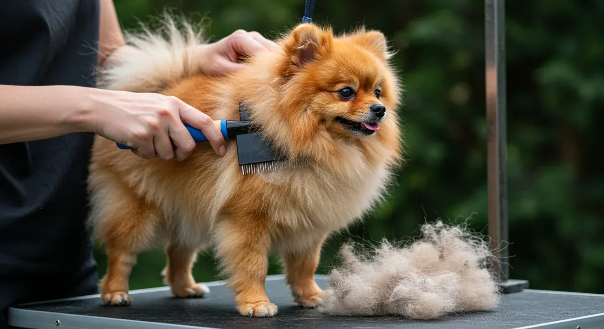A Pomeranian being properly brushed with a slicker brush, demonstrating the essential grooming techniques described in the article