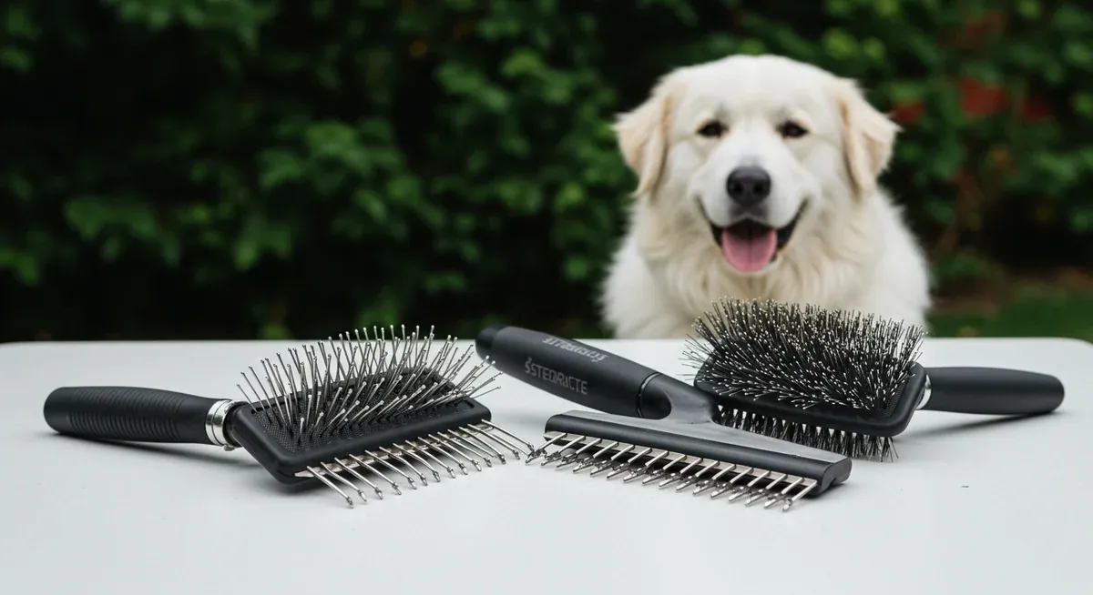 Professional grooming tools for Great Pyrenees including undercoat rake, slicker brush, and wire card brush arranged on white background