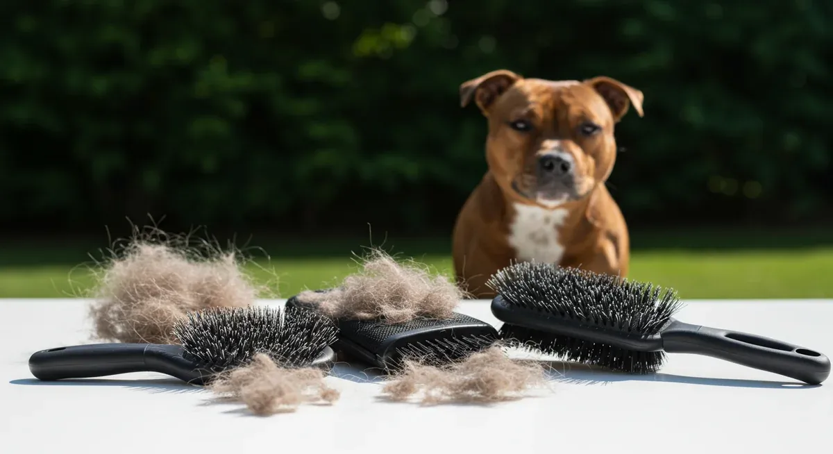 Collection of gentle grooming tools for Staffordshire Bull Terriers including soft brushes and rubber mitts with collected loose hair showing their effectiveness