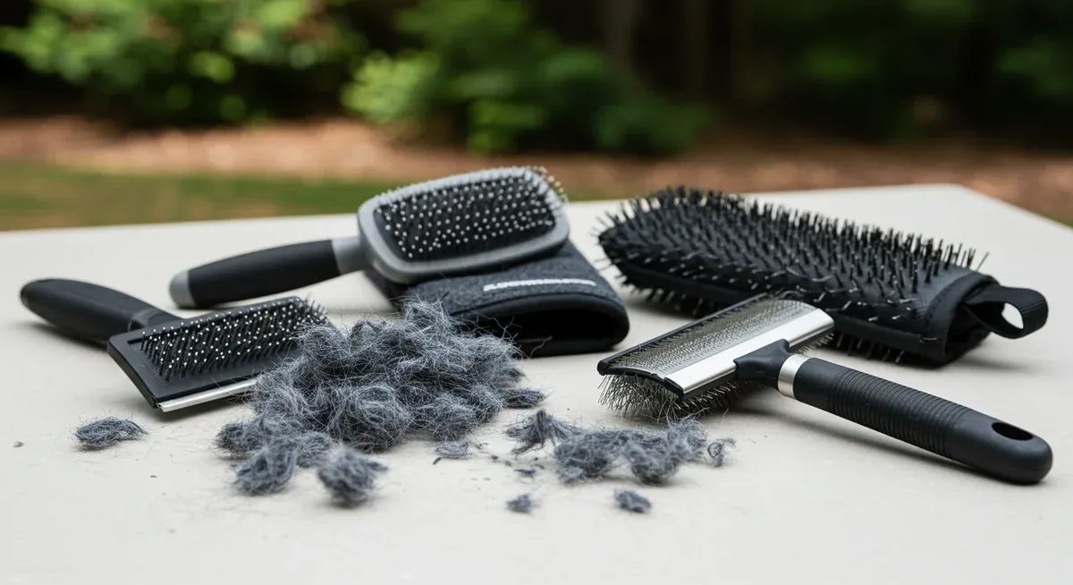 Collection of professional dog grooming tools including slicker brush, de-shedding tool, and grooming mitt with Blue Heeler fur samples showing their effectiveness