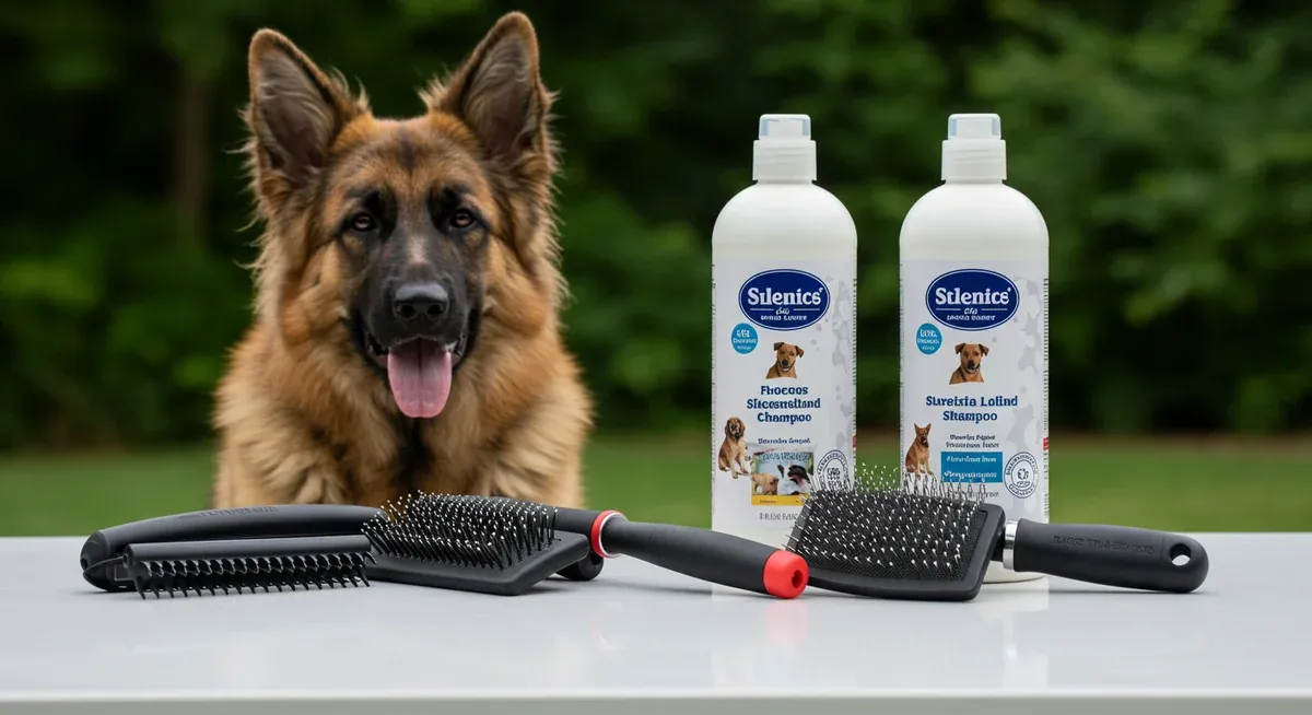 Collection of essential grooming tools for German Shepherds including undercoat rake, slicker brush, de-shedding tool, and specialized dog shampoo