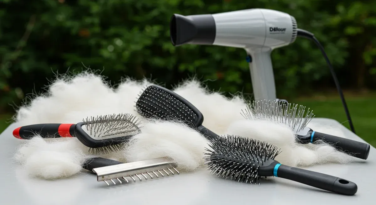 Collection of specialized grooming tools for Great Pyrenees including undercoat rake, slicker brush, pin brush and high-velocity dryer arranged to show their specific features