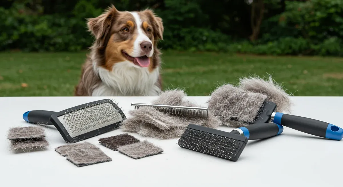 Professional grooming tools for Australian Shepherds including slicker brush, undercoat rake, and deshedding tool with fur samples showing their effectiveness